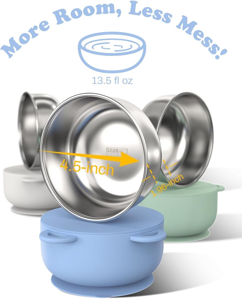 Bakpoco Baby Suction Bowls with Lids 4-Pack, 2-in-1 Stainless Steel 304 Toddler Bowl & Removable Silicone Suction Kids Bowl Plate Set Non Toxic Snack Dishes for Self-Feeding, Ocean Explorer Set - Image 3